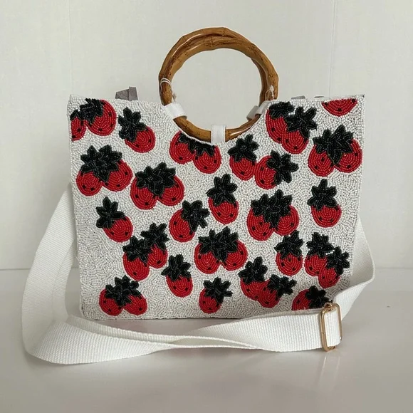 NWT Sol + Mer Strawberry Beaded Viral Purse Handbag w Bamboo Handles White Strap - Picture 2 of 15